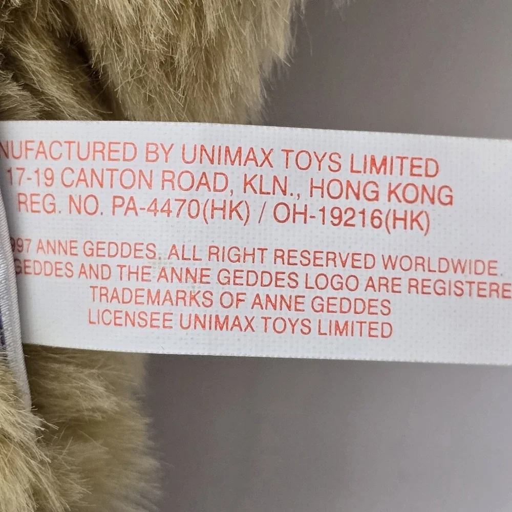 Vintage 1997 Anne Geddes Baby Bear Plush Doll Tan Faux Fur 15 Inch Unimax Toy